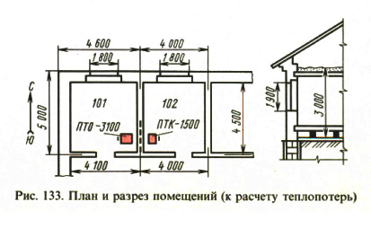 Рис. 133. План и разрез помещений (к расчету теплопотерь)