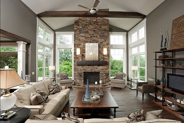 modern-living-room-design-ideas-with-fireplace-wooden-flooring-ceiling-fan-cream-sofa-design-wood-table-brown-armchair-table-lamp-glass-window-interior-living-room-furniture-sets