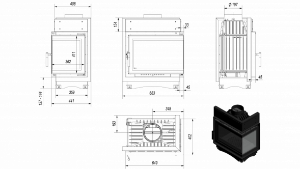 Топка MAJA/P/BS/DECO, Г-образное стекло справа